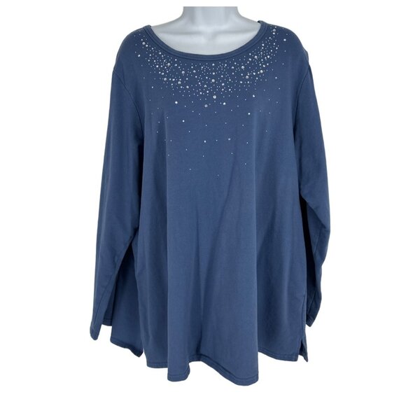 Quacker Factory Rhinestone and Stud French Terry Long Sleeve Top Women's Size 2X - Picture 1 of 7
